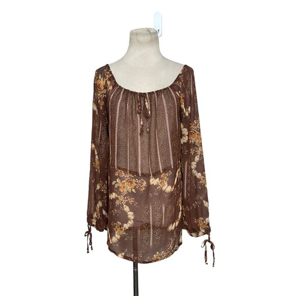 Brown floral long sleeves sheer tunic top Size Large - Picture 6 of 10